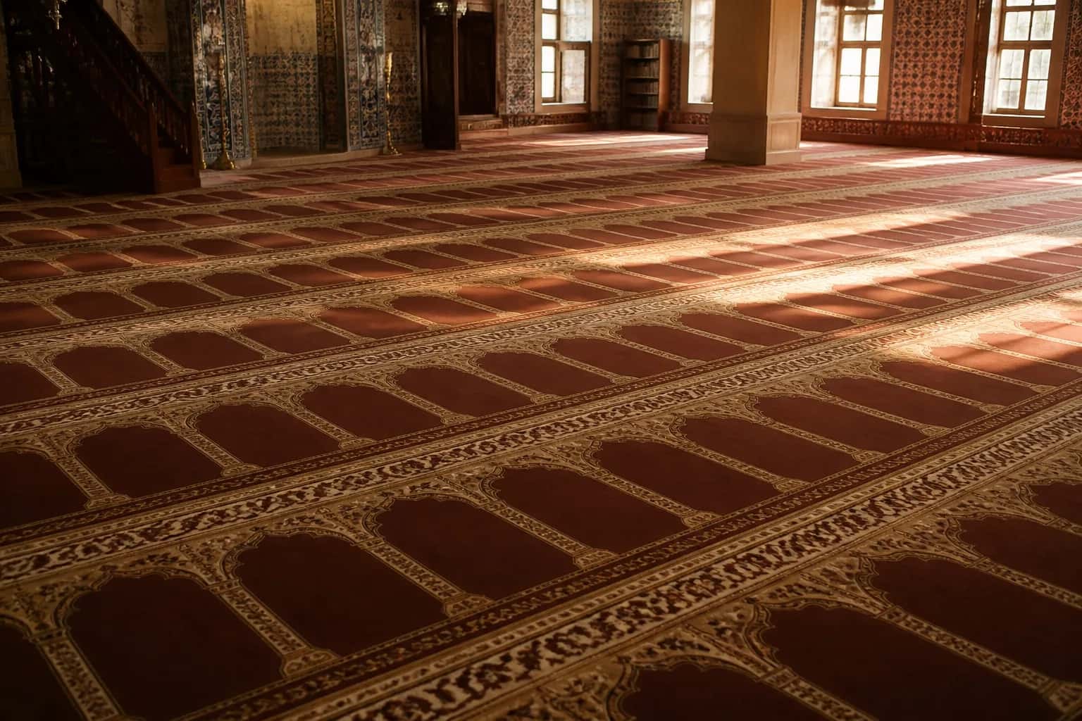 Row-aligned mosque carpet inside a mosque prayer hall