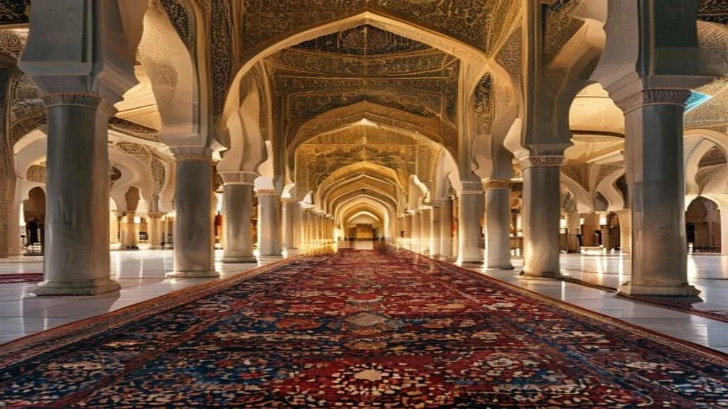 Mihraplı ve saf hizalı desenli mescit halısıyla döşenmiş cami iç mekânı