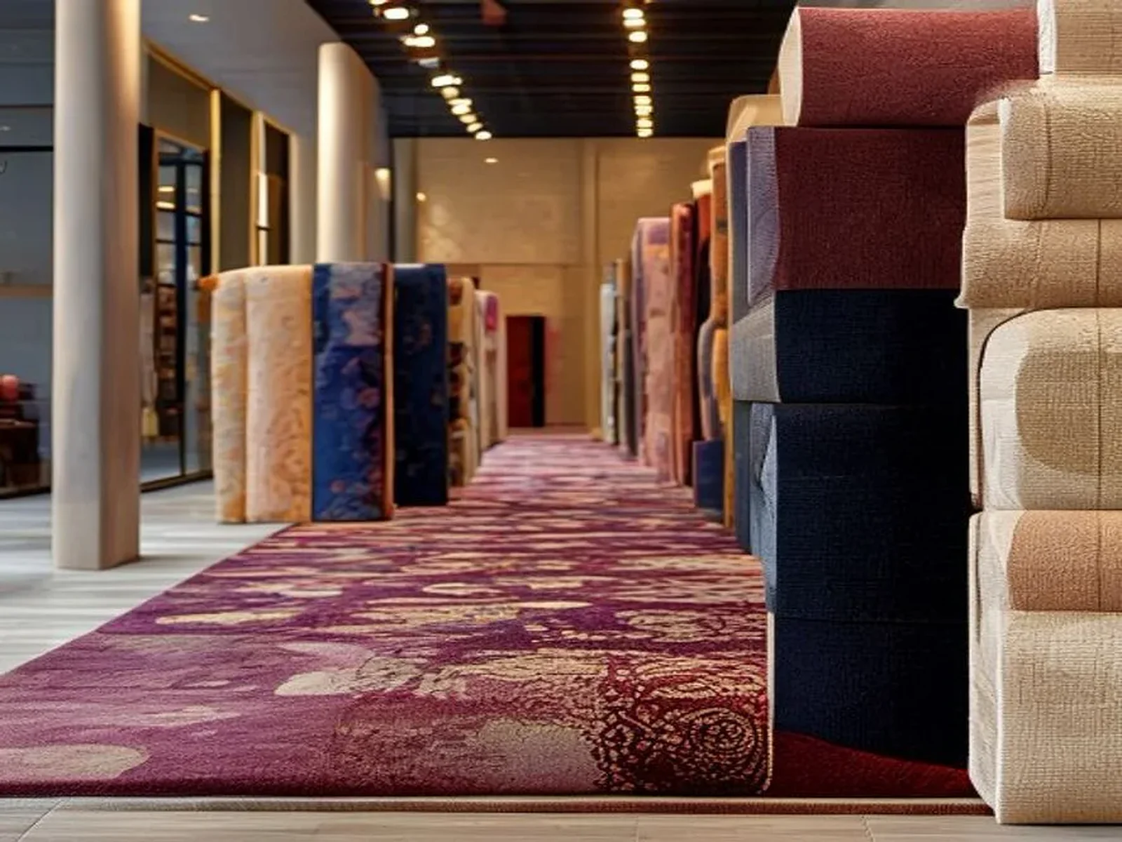 Showroom'da farklı renklerde dizili lüks otel halısı topları
