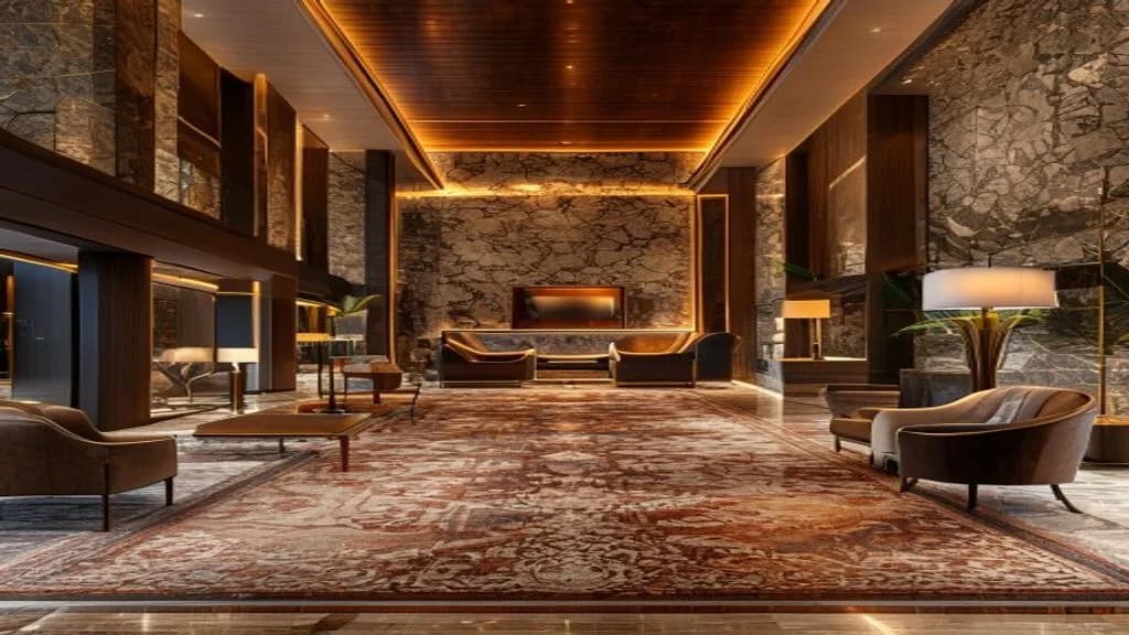 Desenli duvardan duvara halıyla döşenmiş lüks otel lobisi