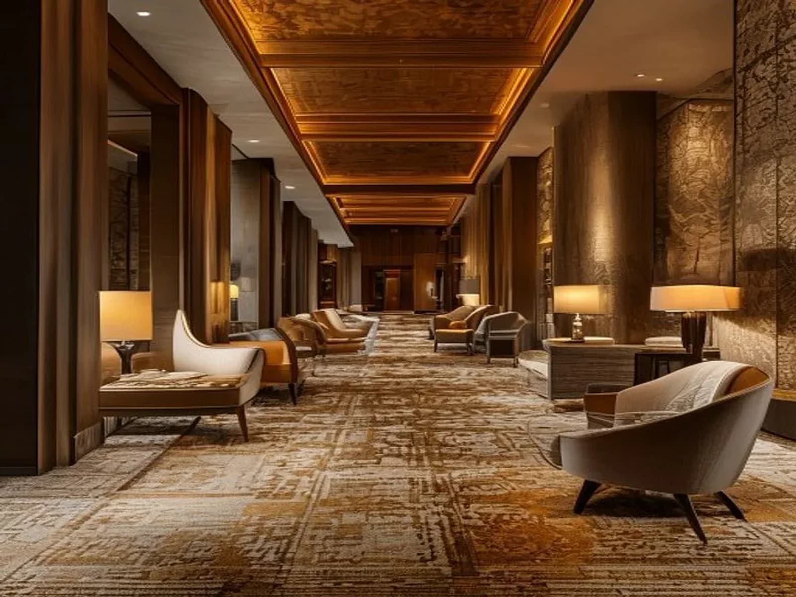 Modern ve klasik tarzda desenli otel halısıyla döşenmiş otel iç mekânı