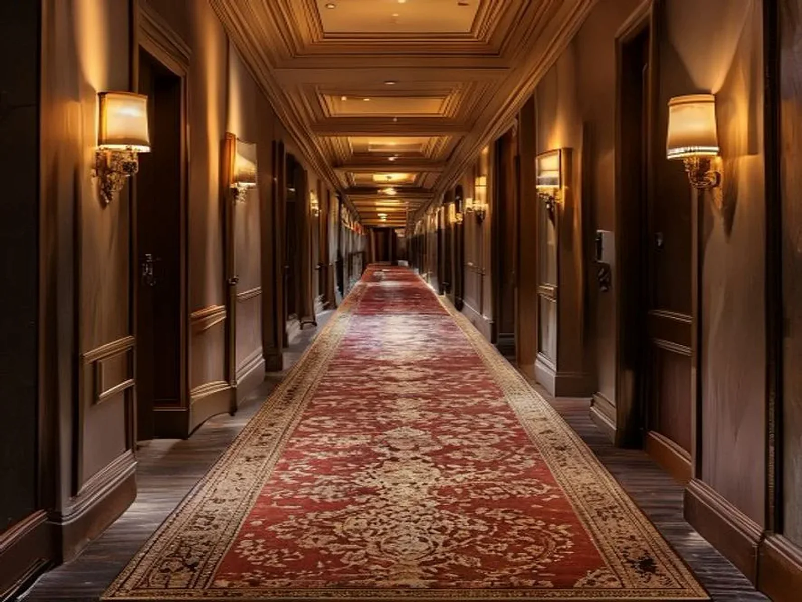 İki yanında oda kapıları bulunan, desenli yolluk halılı lüks otel koridoru