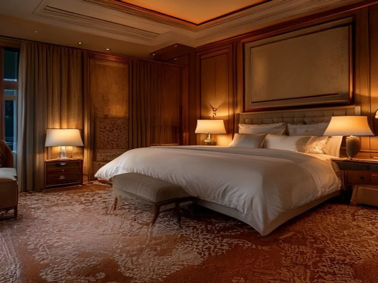 Desenli halıyla döşenmiş, şık mobilyalı lüks otel odası